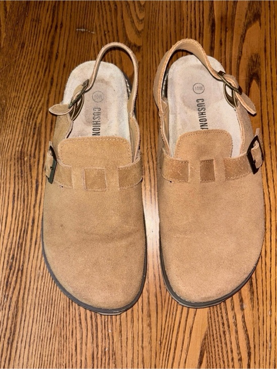 Cushionaire Shoes - Cushionaire Tan Suede Slip-On Clogs with Sling Back Strap